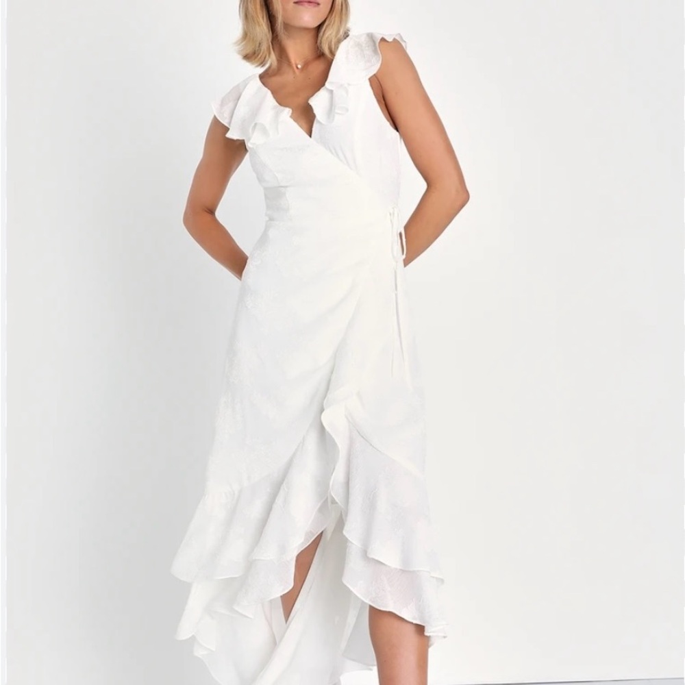 Elegant White Ruffle Wrap Dress